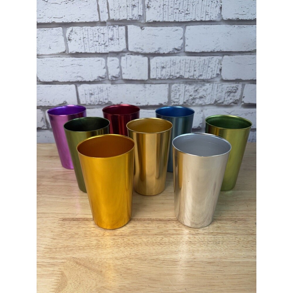 Aluminum Tumblers Bascal MCM Cups Bright Colors 8oz Set Of 8 Near Mint Vintage
